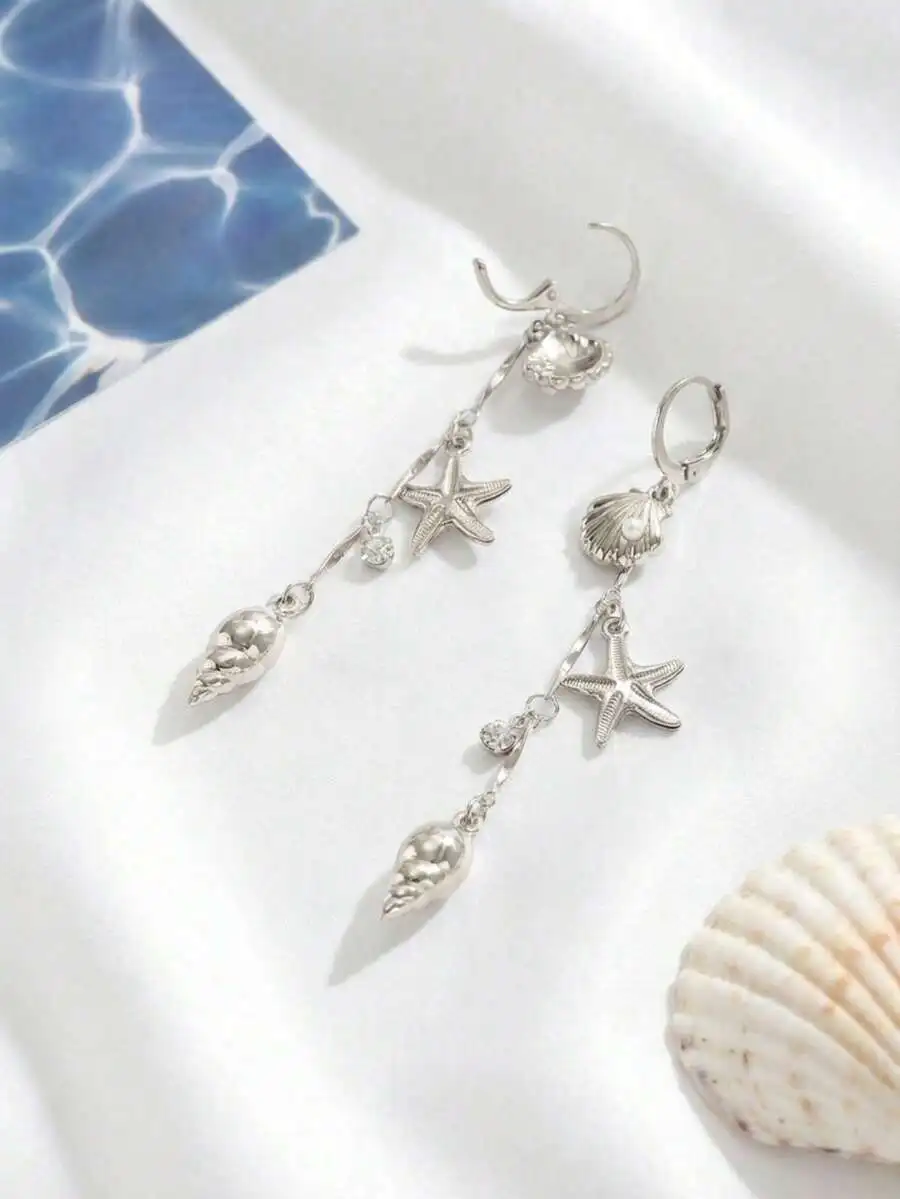

Elegant Women Drop Earrings Vintage Bohemian Beach Style Starfish Seashell Pendant With Rhinestones Faux Pearl
