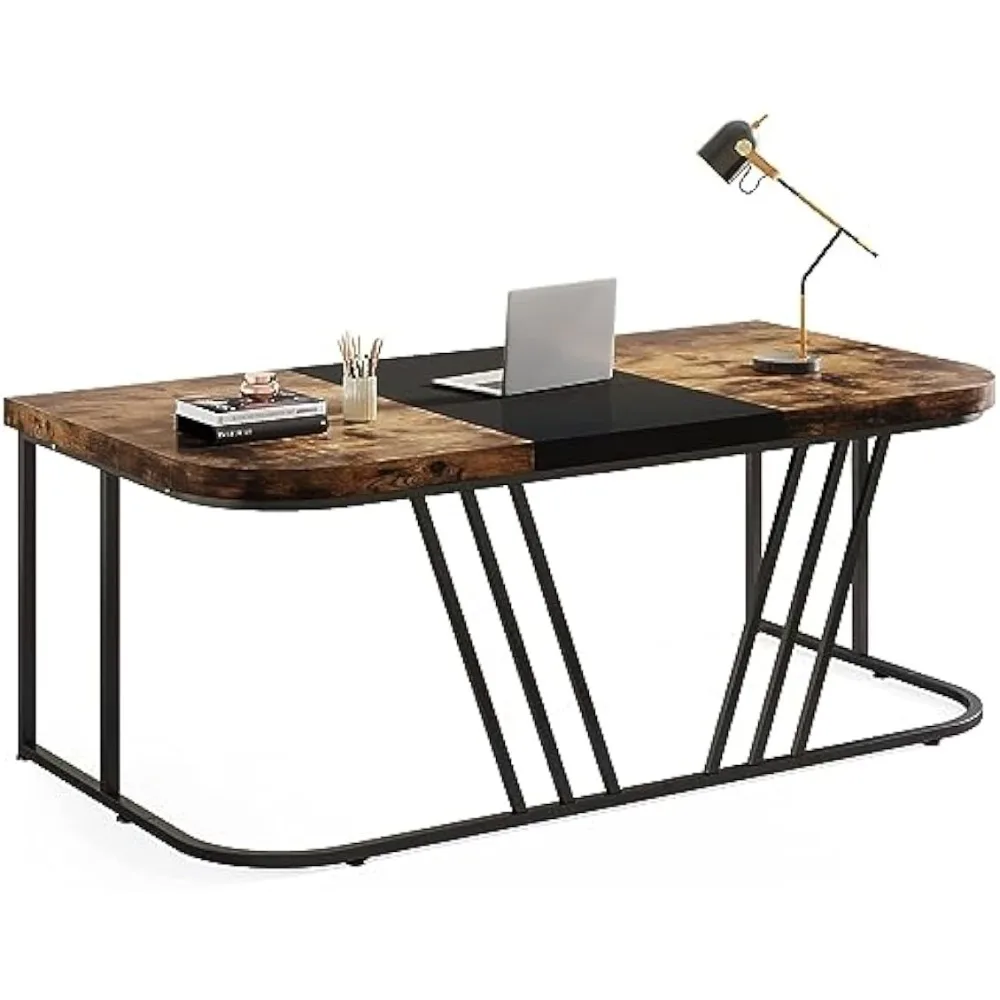 

Executive Desk, Home Office Computer Desk, Rustic Large Conference Table with Heavy Duty Metal Frame, Bussiness Fu