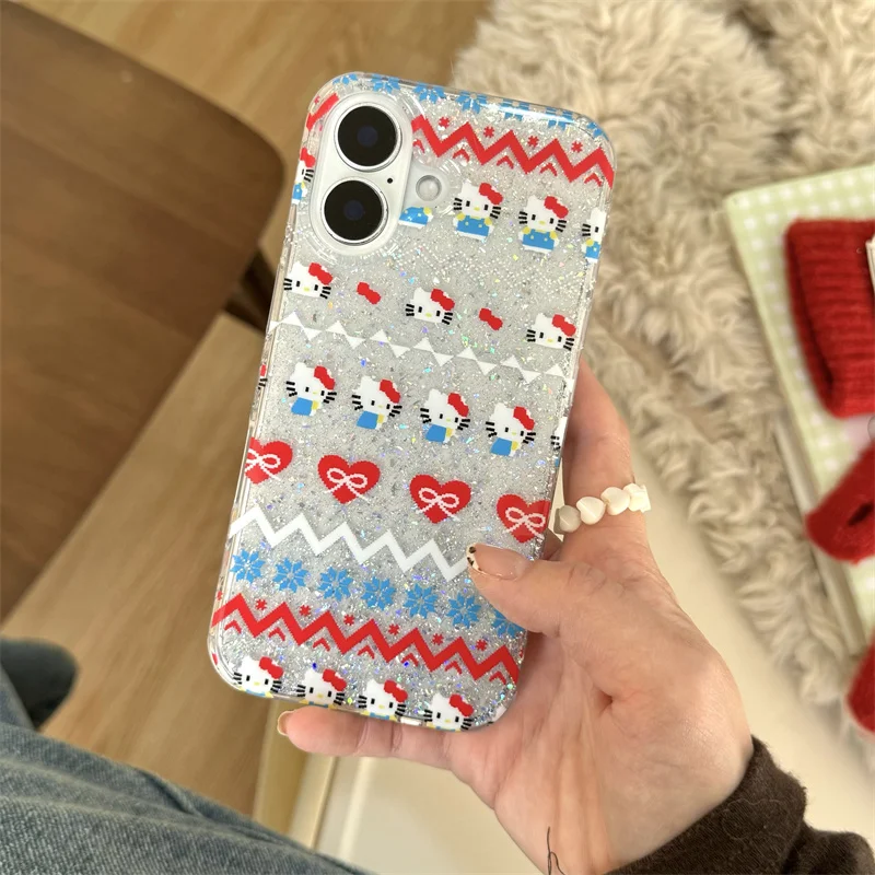 

Cute fair isle Christmas sweater Hello Kitty Glitte Phone Case For iPhone 13 14 15 16Pro Max 3D Love Heart Bow KT Bling Cover