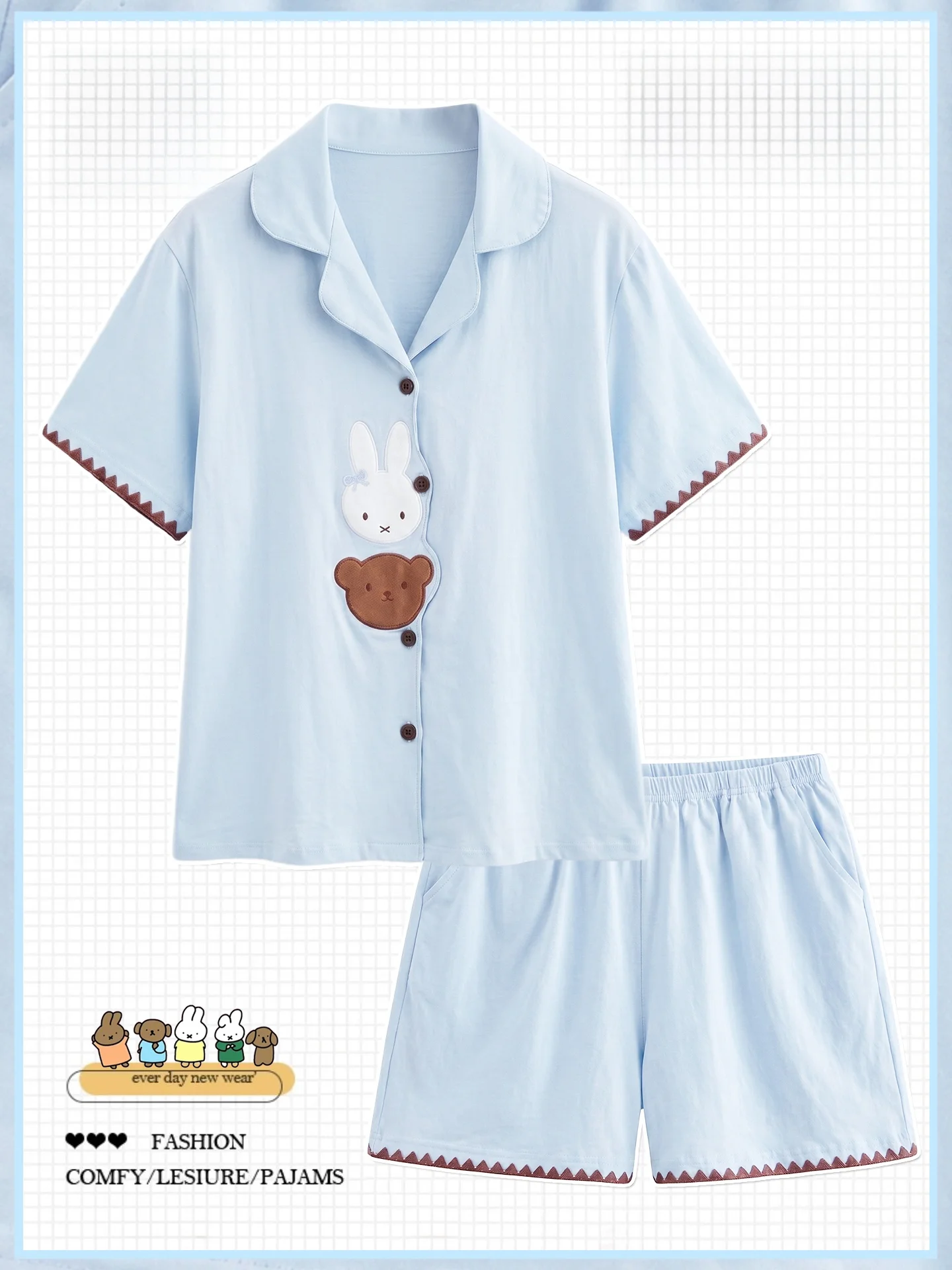 かわいいミッフィーウサギ綿パジャマ女性夏半袖ショートパンツ薄いホーム服漫画少女純綿パジャマ