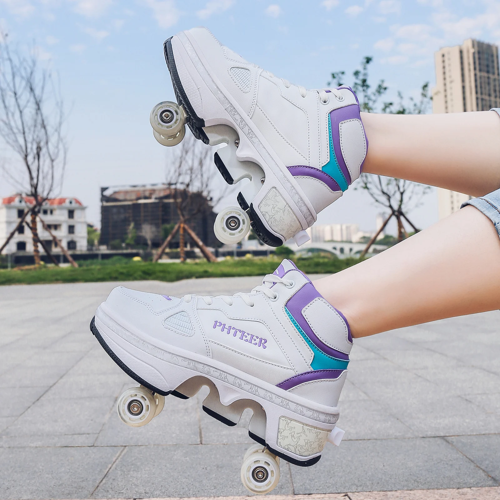 Wheeled sneaker shoes boys adult deformed pulley shoes students girl children can slide double row shoes with wheels four wheels