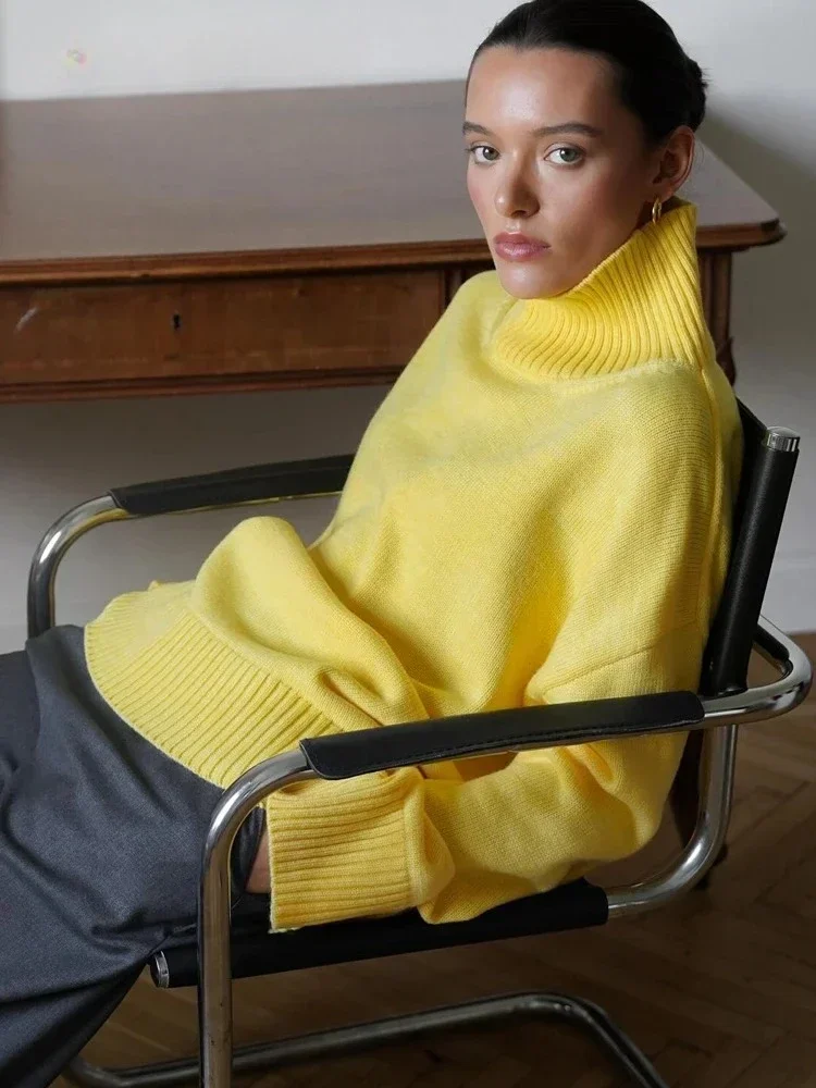 

Autumn Women's Knitted Sweater Oversize High Collar Yellow Vintage Pullover Soft Winter Warm Vintage Red Sweaters for Women