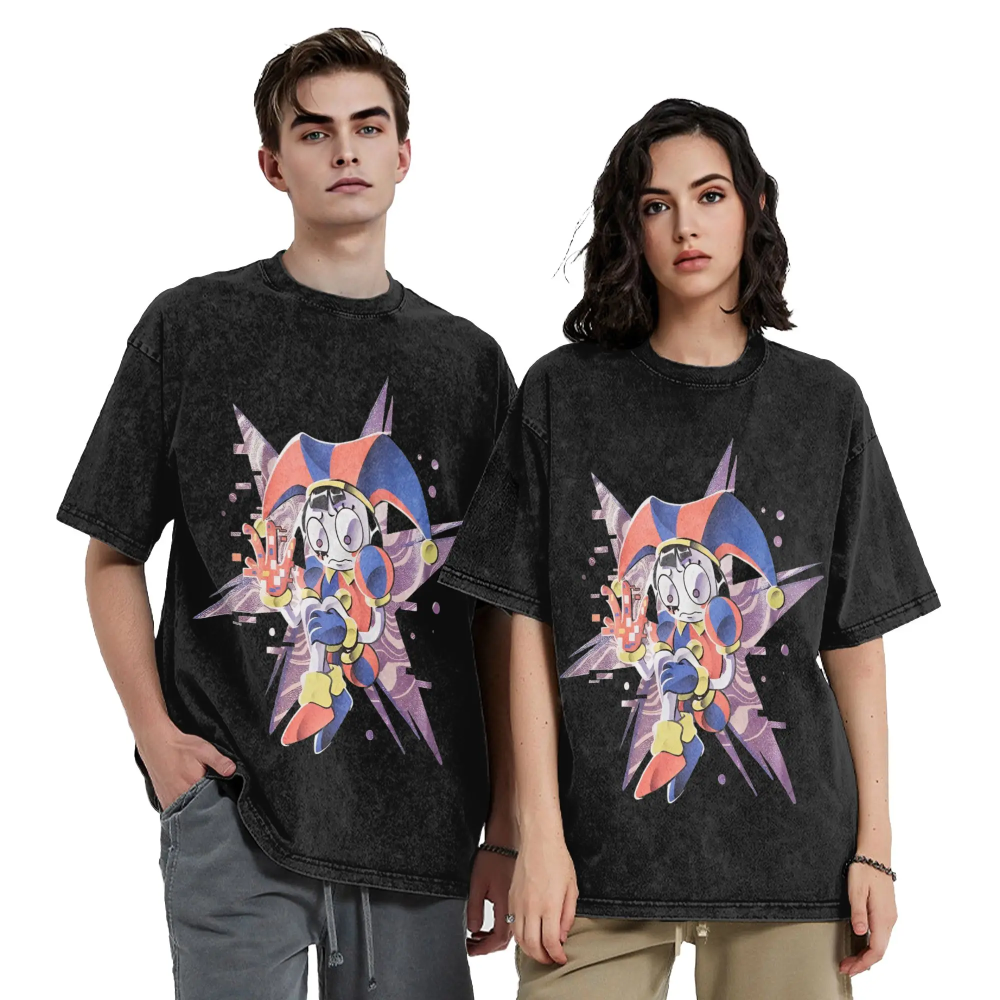 Cartoon Digitals Circus Pomni Glitter Washed T Shirt Streetwear Novelty T-Shirts  Tee Shirt Men Women Cotton High Street Graphic
