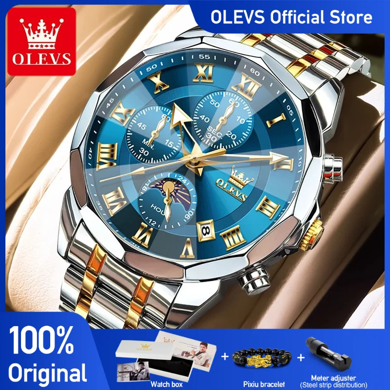 OLEVS 3675 Mens Watch Original Multifunctional Chronograph Quartz Watch Moon Phase Watches For Men Waterproof Mens Gifts Reloj