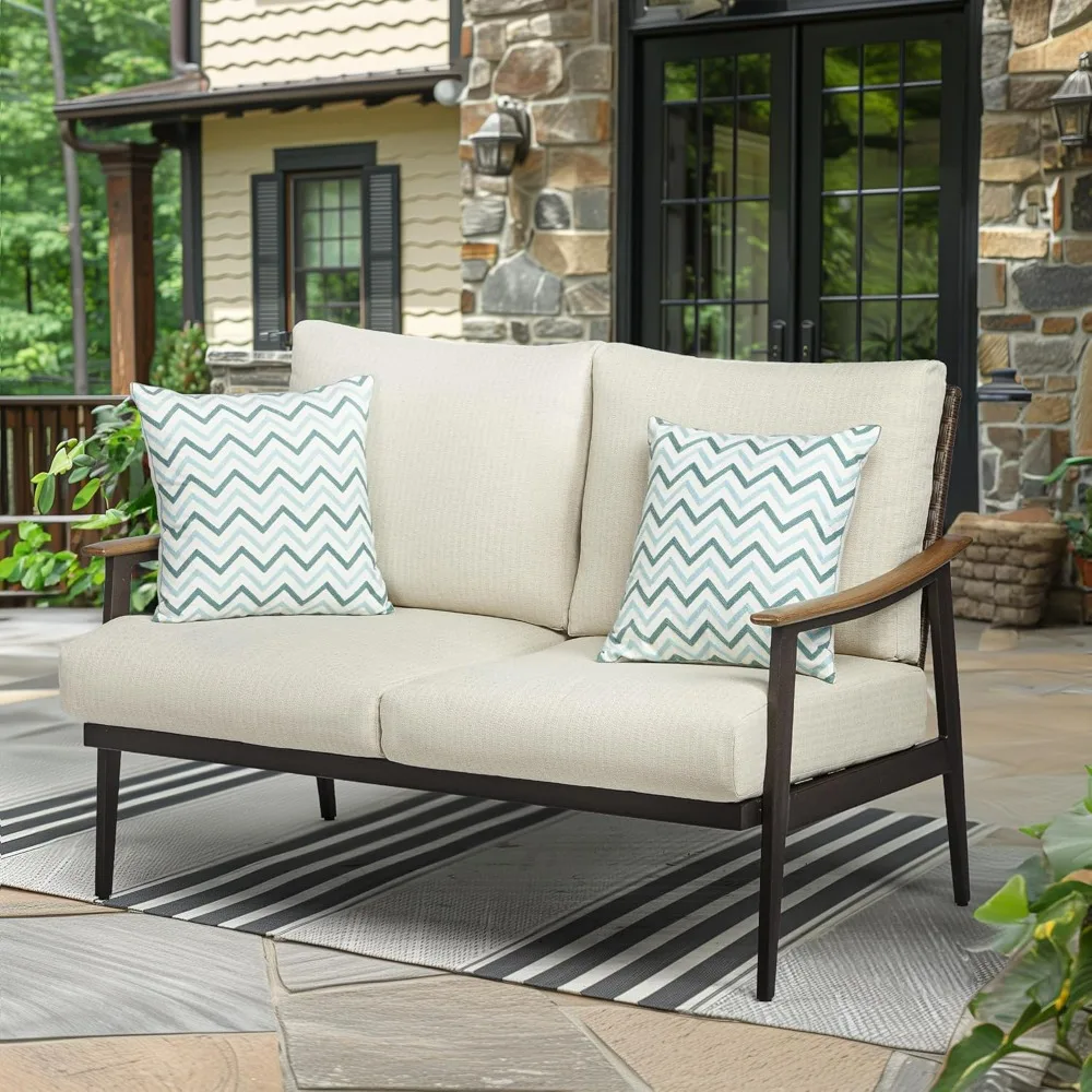 

Patio Loveseat Sofa Outdoor Furniture Metal Chair with Wicker Backrest & 6 Inches Cushion for Indoor, Front Porch, Deck, Balcon