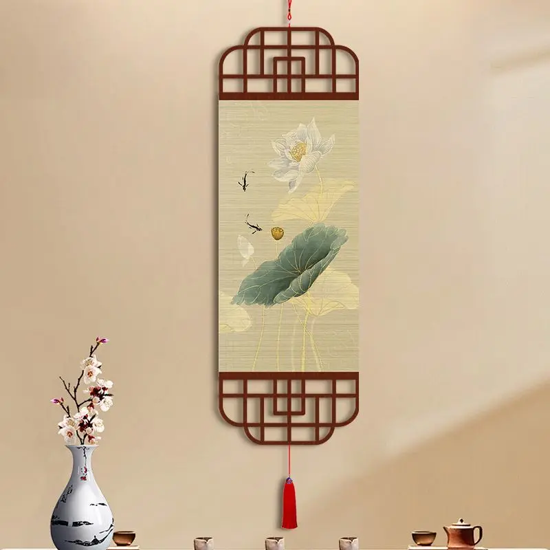 Zen Lotus Bamboo Scroll Wall Tapestry, Handmade Canvas Art for Living Room Tea Room Background, Aesthetic Room Decor