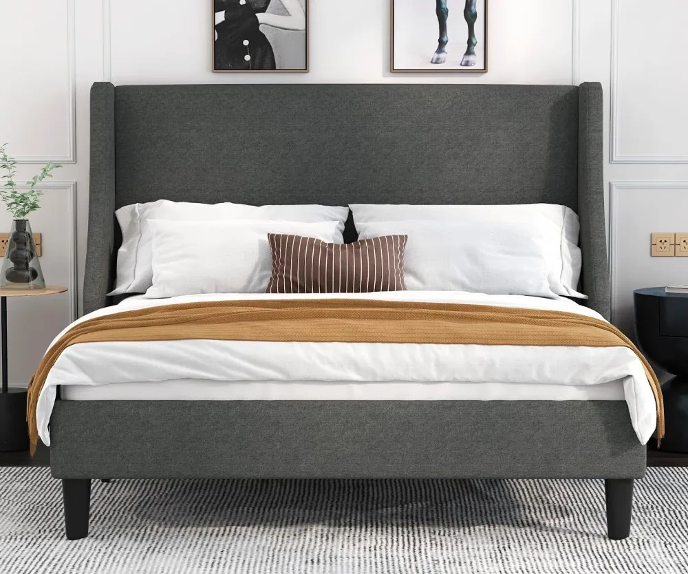 Allewie Queen Bed Frame, Platform Bed Frame Queen Size with Upholstered Headboard, Modern Deluxe Wingback, Wood Slat Support