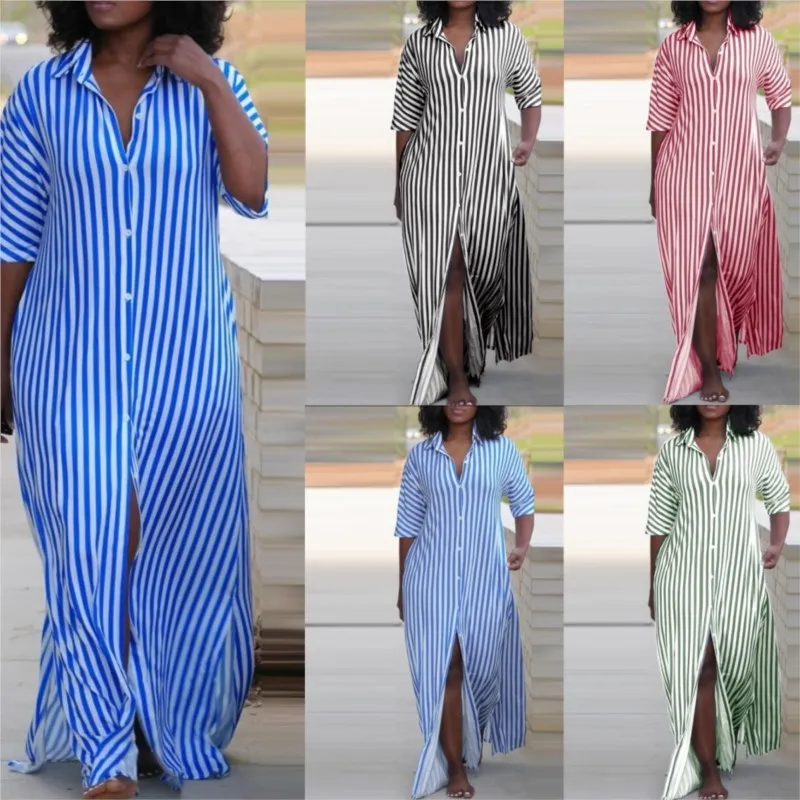 Women\'s Shirt Maxi Dress Summer Fashion Loose V-neck Button Long Striped Shirts Dresses For Women Robe Femme Casual Clouthing