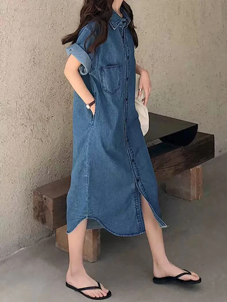 NYFS 2025 فستان صيفي فضفاض مقاس كبير من قماش الدنيم للنساء على الطراز الكوري بأكمام قصيرة فستان طويل رداء Elbise #4