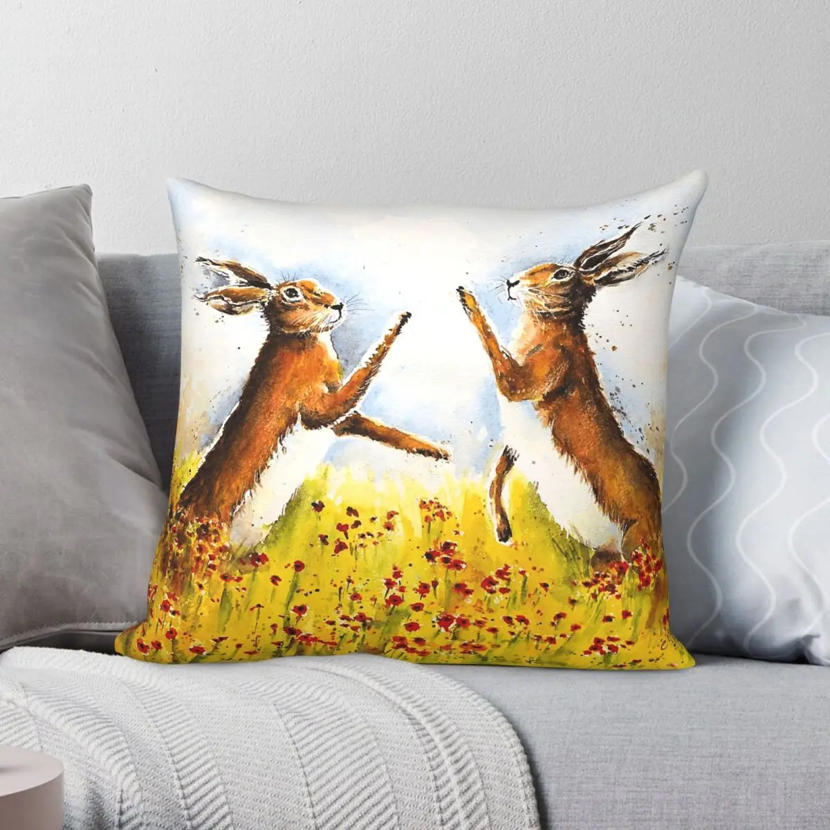 Boxing Hares In The Poppies Pillowcase Polyester Linen Velvet Printed Zip Decorative Pillow Case Room Cushion Cover Wholesale