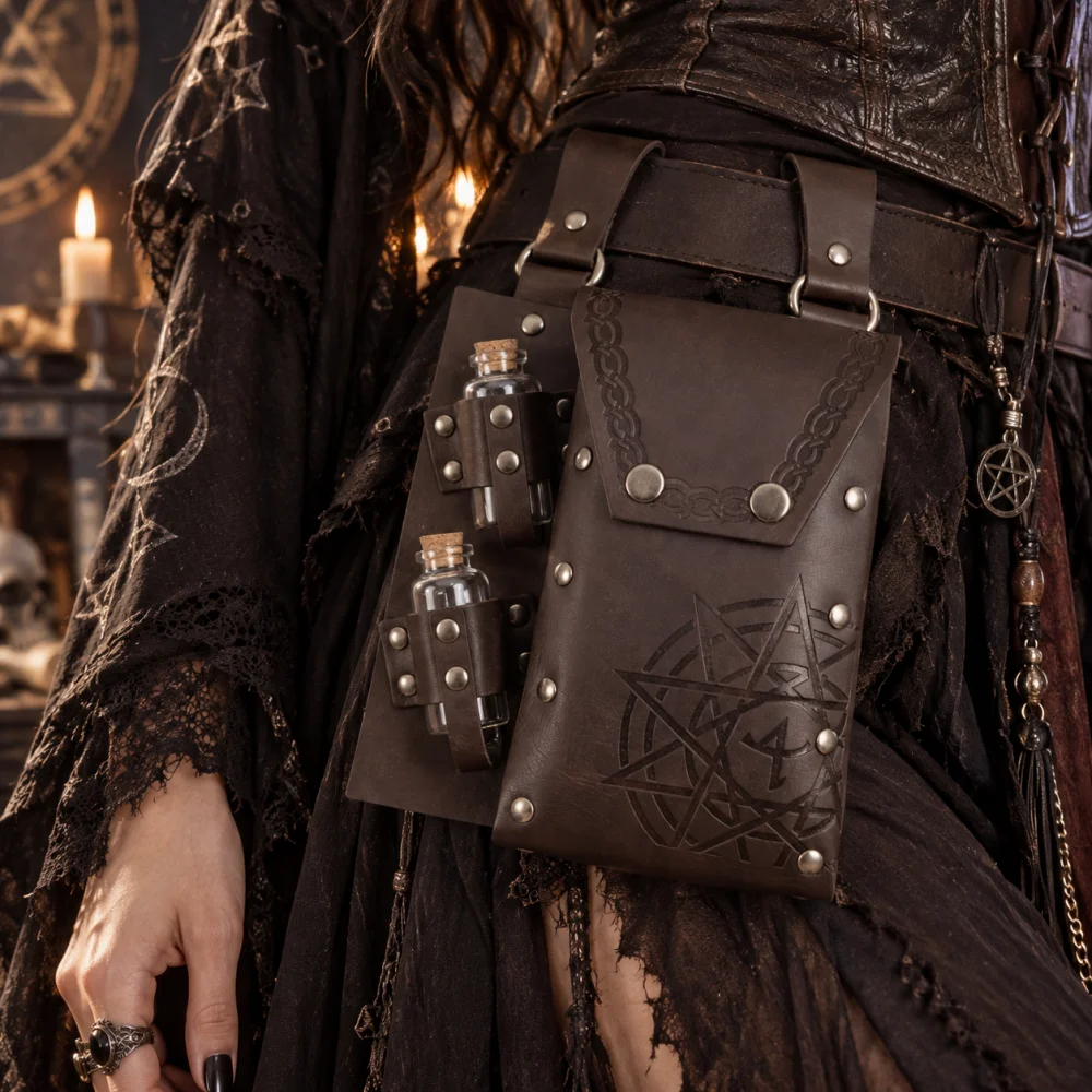 Medieval PU Leather Belt Hanger Pouch, Vintage Witch Alchemist Potion Bottle Holder Waist Bag, Viking Gothic LARP Halloween Cosp