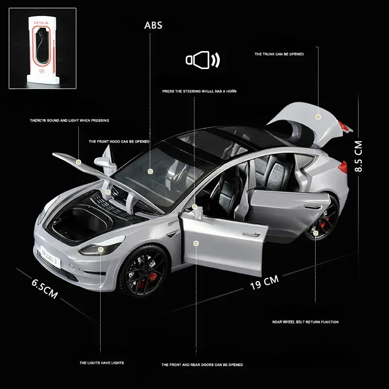 Simulation 1/24 MODEL3 Alloy Car Model With Charger Collective Voiture Miniature Diecast Toys Vehicles Kids Gift Birthday