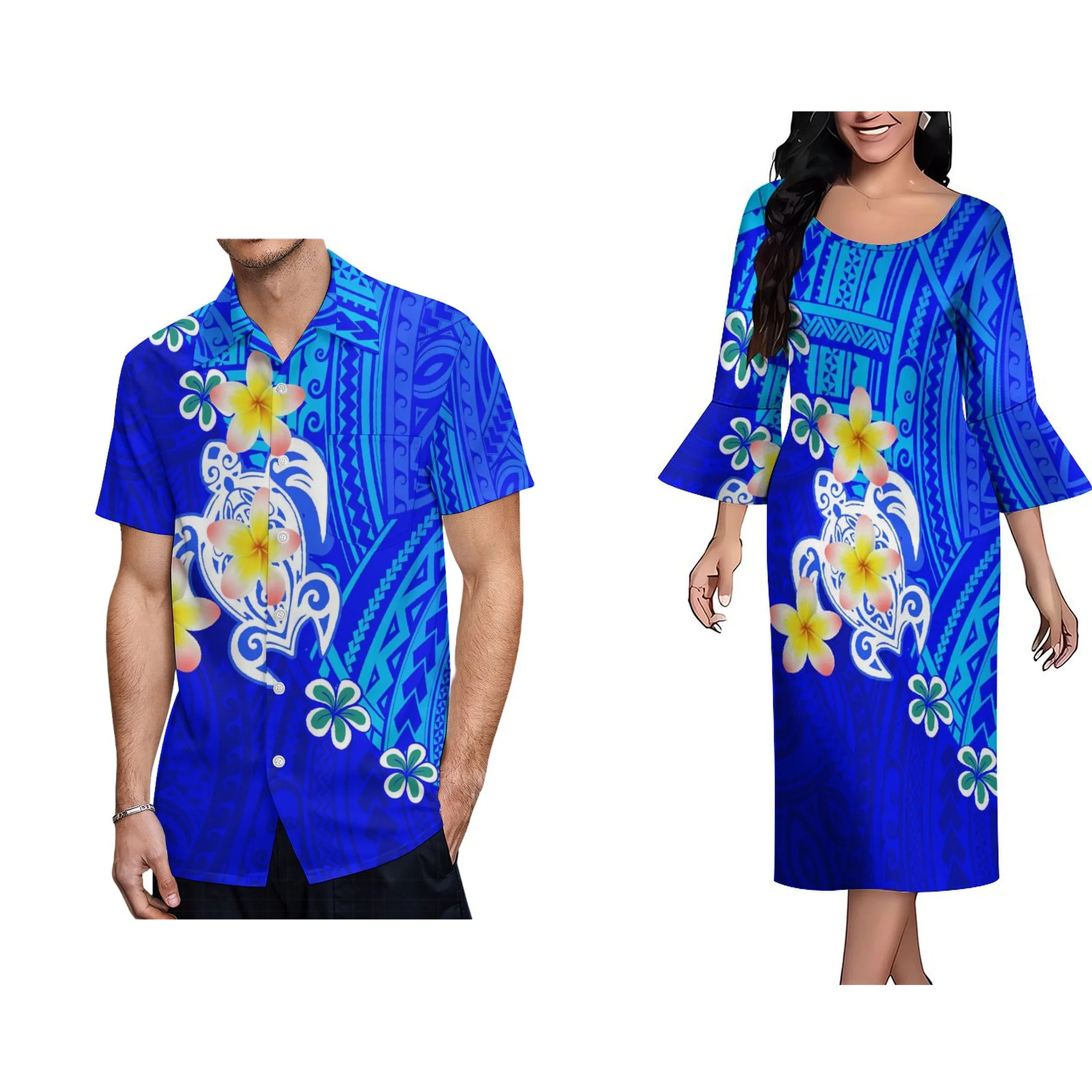 New Island Style Polynesian Dress Women Elegant Crew Neck 3/4 Flare Sleeve Dress Custom Autumn Plus Size Womens Clothing