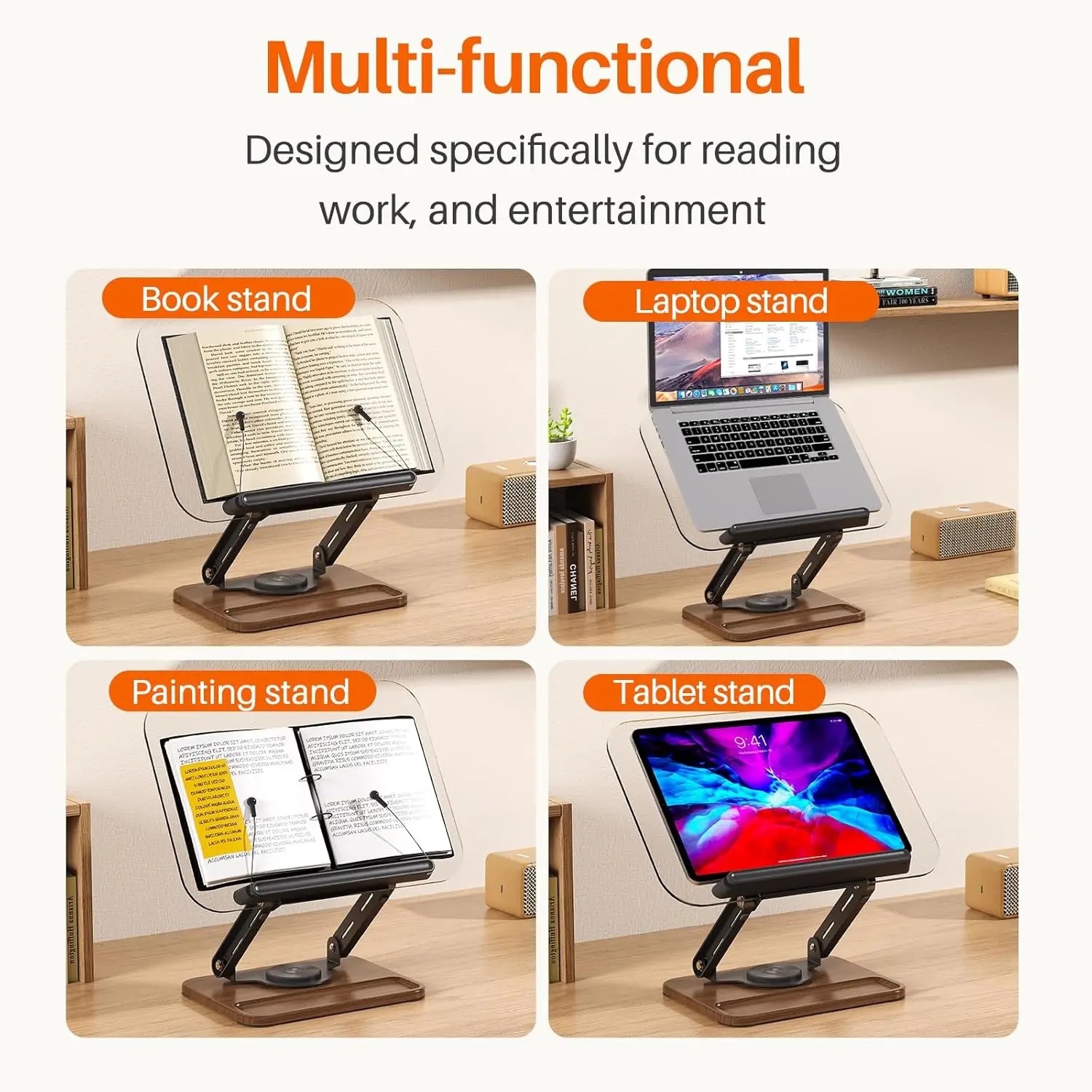 Multifunctional 360° Swivel Foldable Textbook Stand Adjustable Aluminum Alloy Reading Stand With Spring Clip For Laptops, Tablet