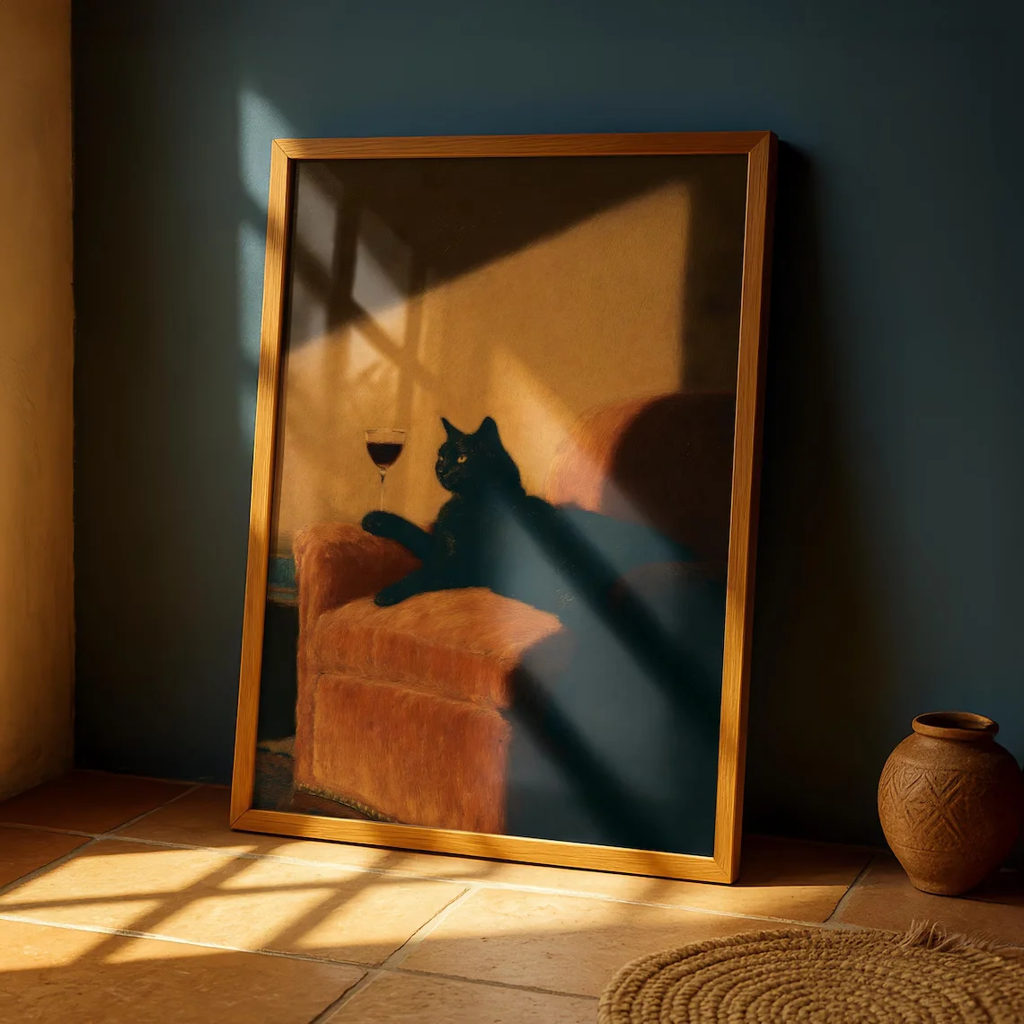 Black Cat with Wine Wall Print Decor - Cozy Oil Painting of a Black Cat Relaxing on an Orange Armchair with a Glass of Red Wine, image 5
