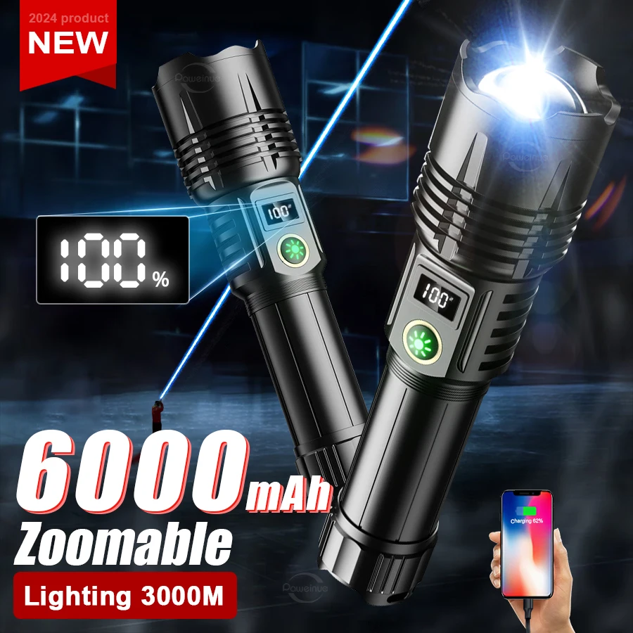 

6000MAH Super Long Battery Life Torch 900000LM High Power LED Flashlight Waterproof Tactical Zoom Adventure Rechargeable Lamp