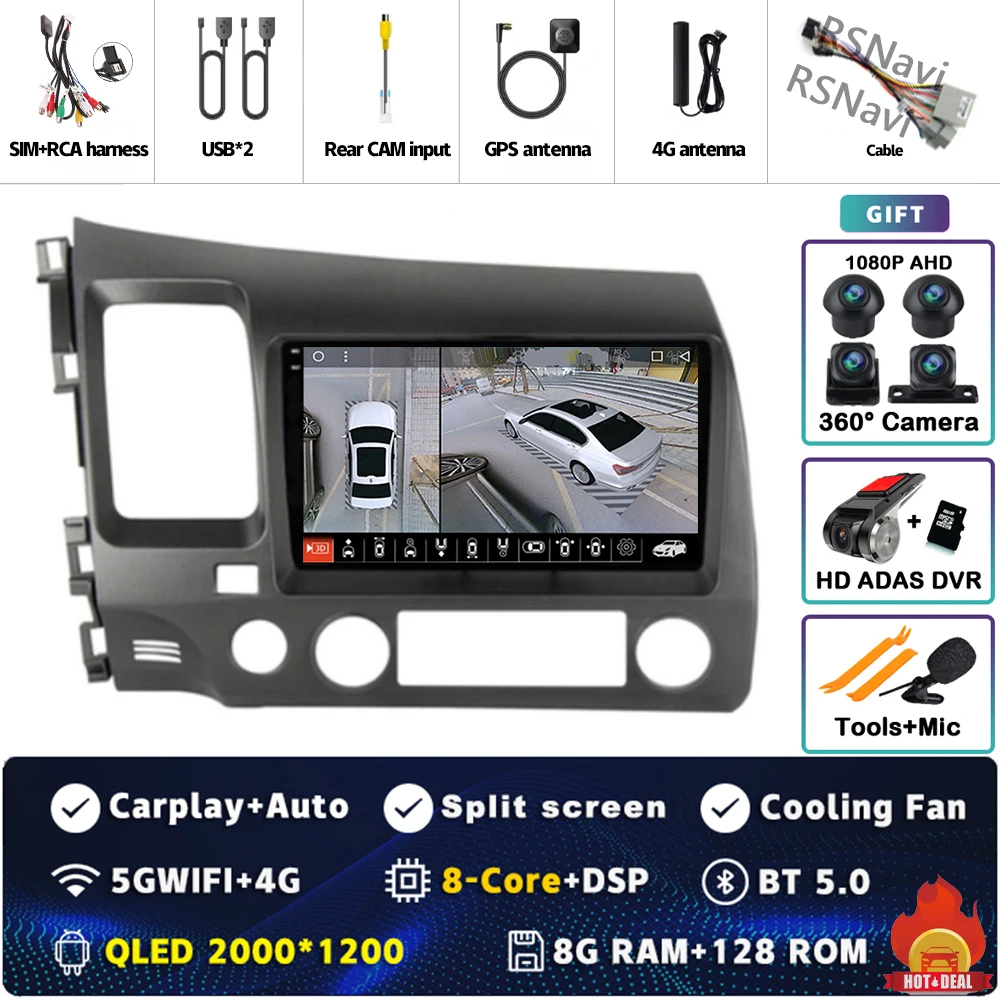 Android 15 Voor Honda Civic 8 FK FN FD 2005-2012 2K QLED Android Autoradio Multimedia Video speler GPS 4G CarPlay Stereo