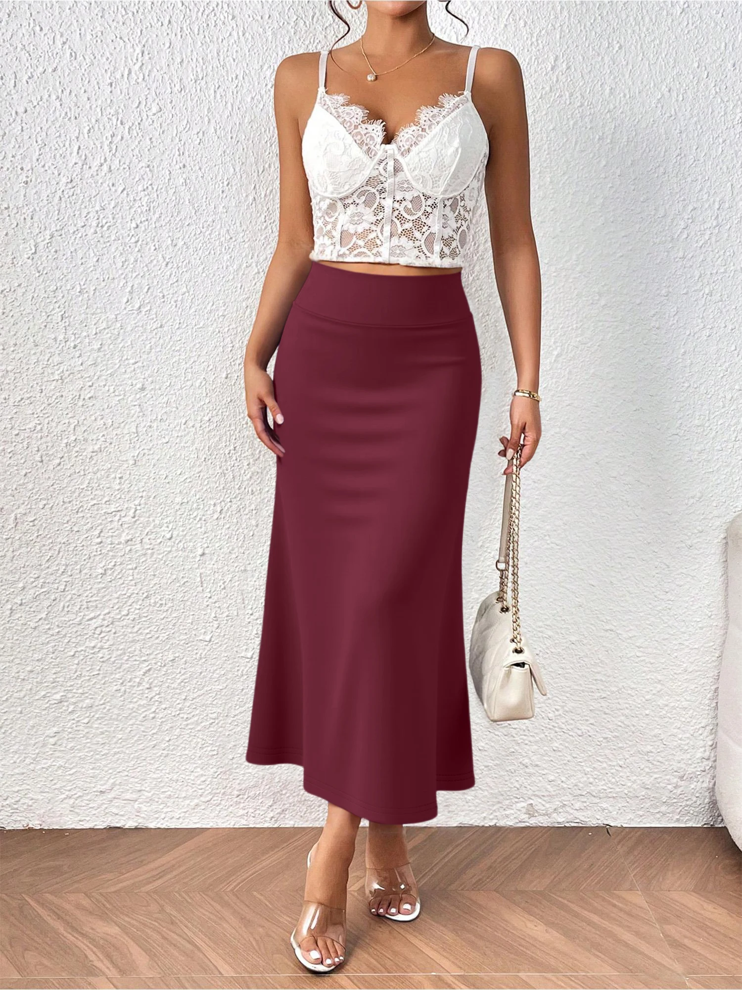 Women's High‑Waisted Mermaid Midi Skirt Flared Hem Smooth Texture Versatile Casual Long Skirt For Daily Outing