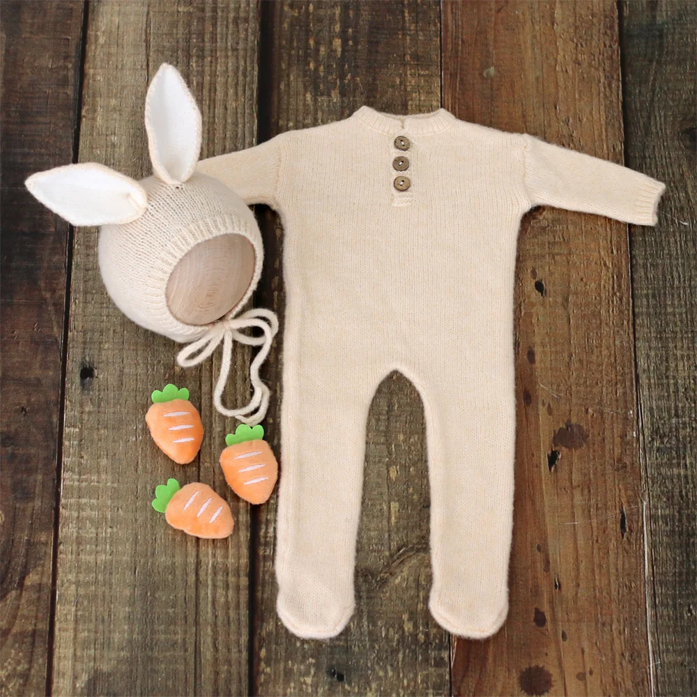 Newborn Photography Props Outfit Bunny Romper Knitted Baby Animal Jumpsuits Baby Photo Shooting Accessories