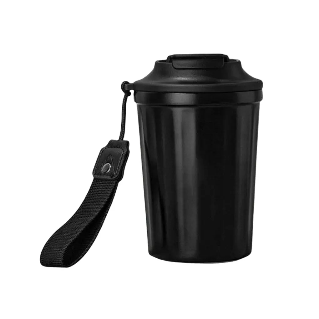 Coffee Vacuum Portable Anti-rust Stylish Home Office Water Bottle Cup Drinkware Stainless Steel Coffee Cup with Lanyard Black