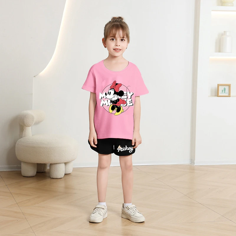 Disney Mickey Minnie Mouse Kids T-shirt Shorts Set Fashion Anime Tops Pants Suit Cute Print Boys Girls Clothes Short Sleeve Tees