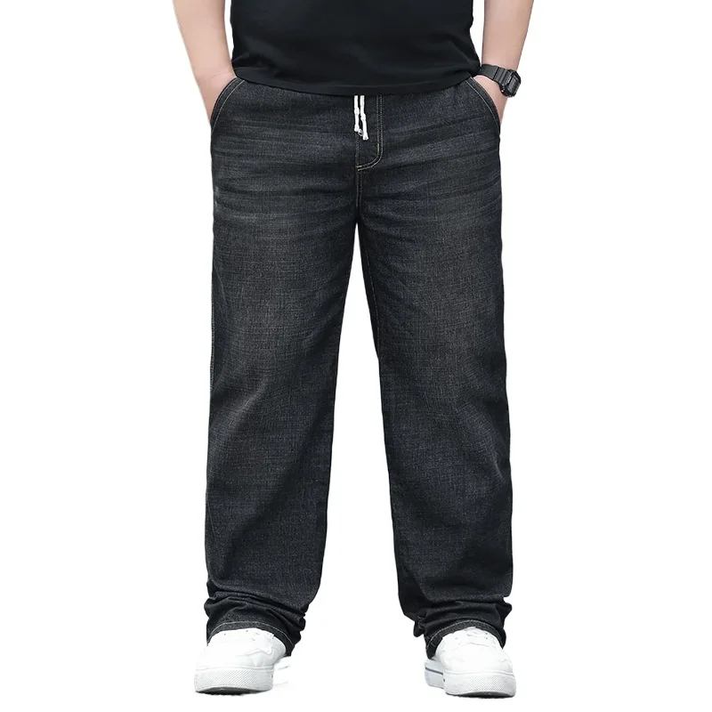 8XL Elastic Waist Men's Jeans, Loose Straight Leg Stretch Denim Pants, Plus Size Casual Streetwear, Big Size Relaxed Fit Trouser