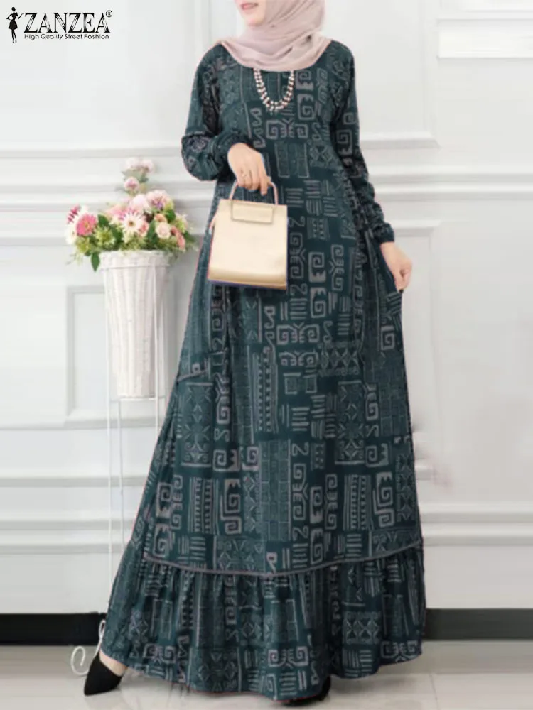 ZANZEA Elegant O Neck Vestidos Long Sleeve Vintage Print Ruffled Hem Islamic Long Dresses Women Muslim Casual Loose Abaya Robes