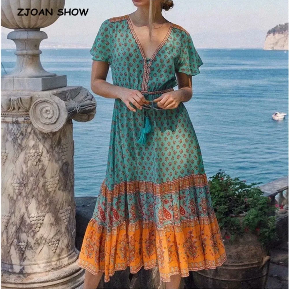 BOHO Offene Knöpfe V-Ausschnitt Blumenmuster Midikleid Sommer Urlaub Damen Trompetenärmel Schleife Quaste Taille Hippie Lange Kleider Robe