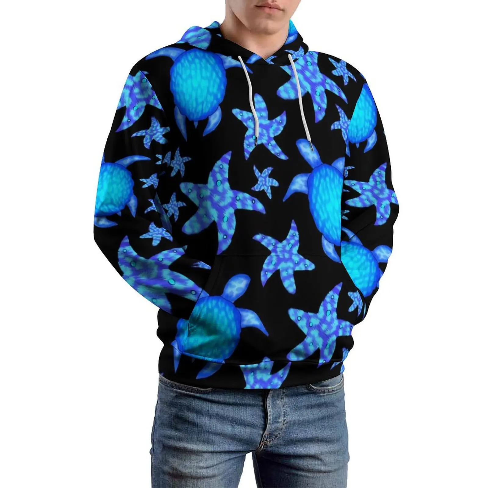 

Blue Turtles Casual Hoodies Male Starfish Print Cool Graphic Sweatshirts Autumn Long Sleeve Loose Oversized Hoodie