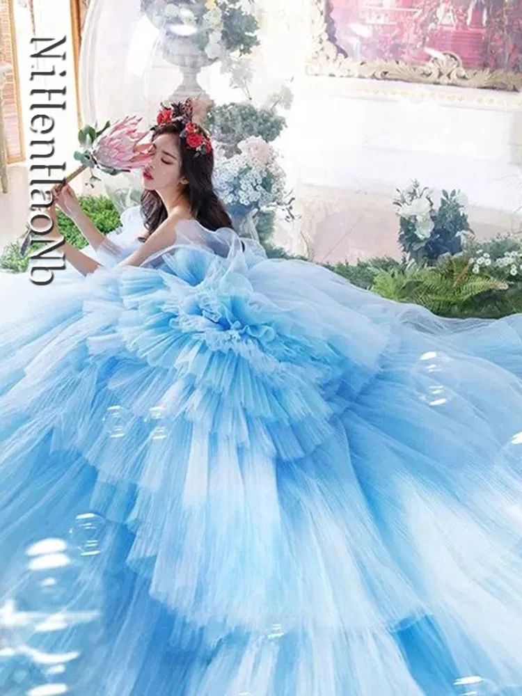 Blue Princess Wedding Dresses Ball Gown Sexy Strapless Backless Bridal Dress With Train Fashion Robe De Marie