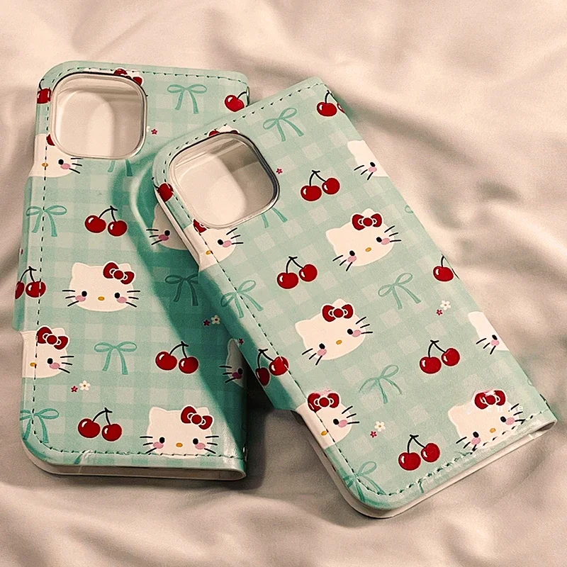 Kawaiiเชอร์รี่Hello Kitty Flip PUสําหรับIPhone 15 14 13 Pro Max Sanrioอะนิเมะน่ารักแฟชั่นป้องกันพร้อมผู้ถือบัตร