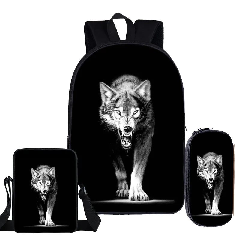 Trendy Popular Novelty wolf 3D Print 3pcs/Set pupil School Bags Laptop Daypack Backpack Inclined shoulder bag Pencil Case
