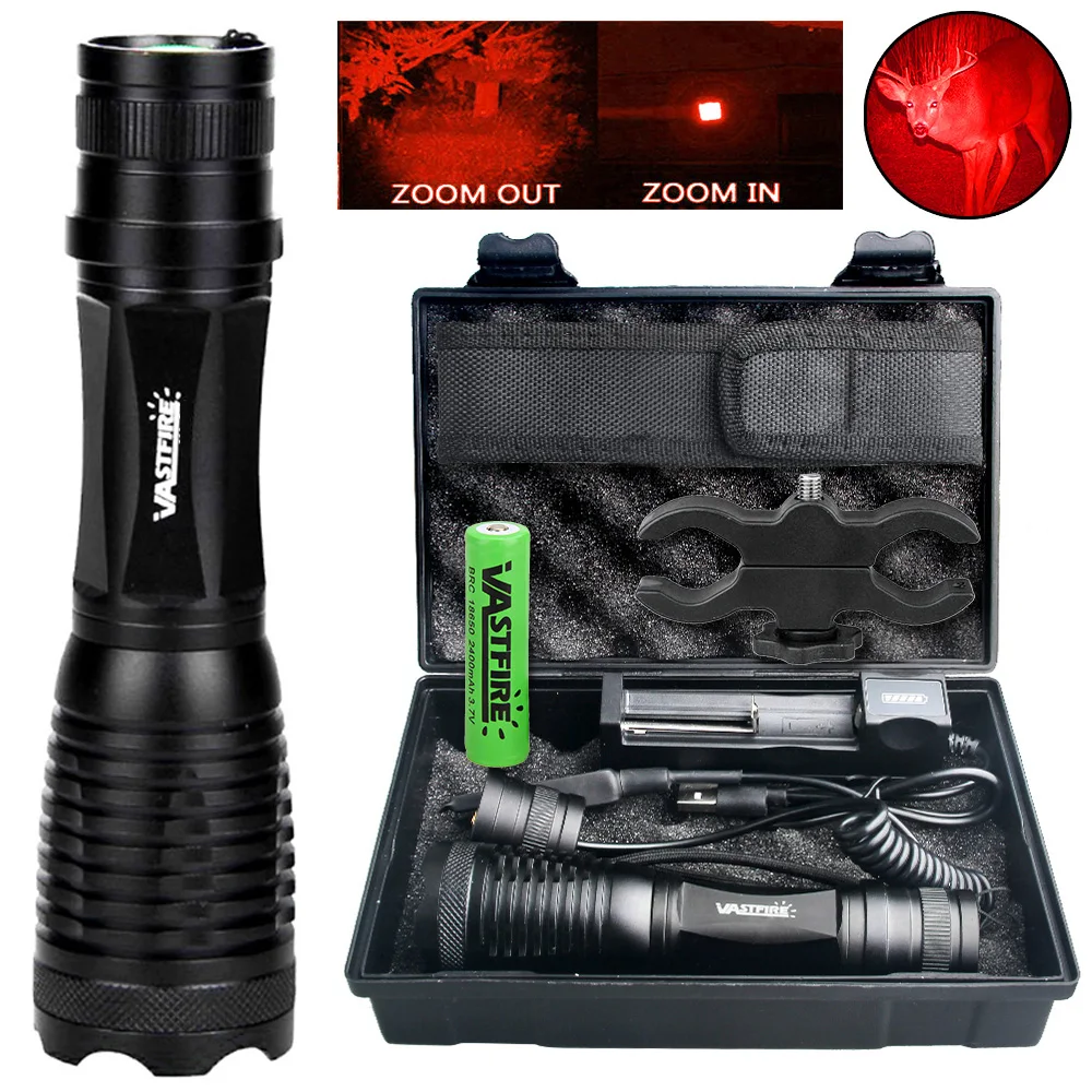 Hunting Flashlight Zoomable White/Red/Green Light Tactical Flashlight LED Light With 18650 Battery+Charger+Pressure switch