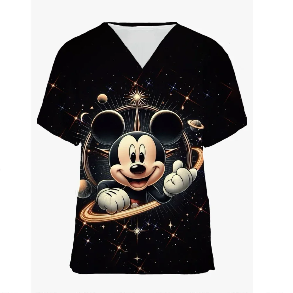 

Miniso Women Nursing Clothing Disney Minnie Mickey Print Nursing Scrubs T-Shirt Tops Casual Short Sleeve V-neck Pocket Uniform