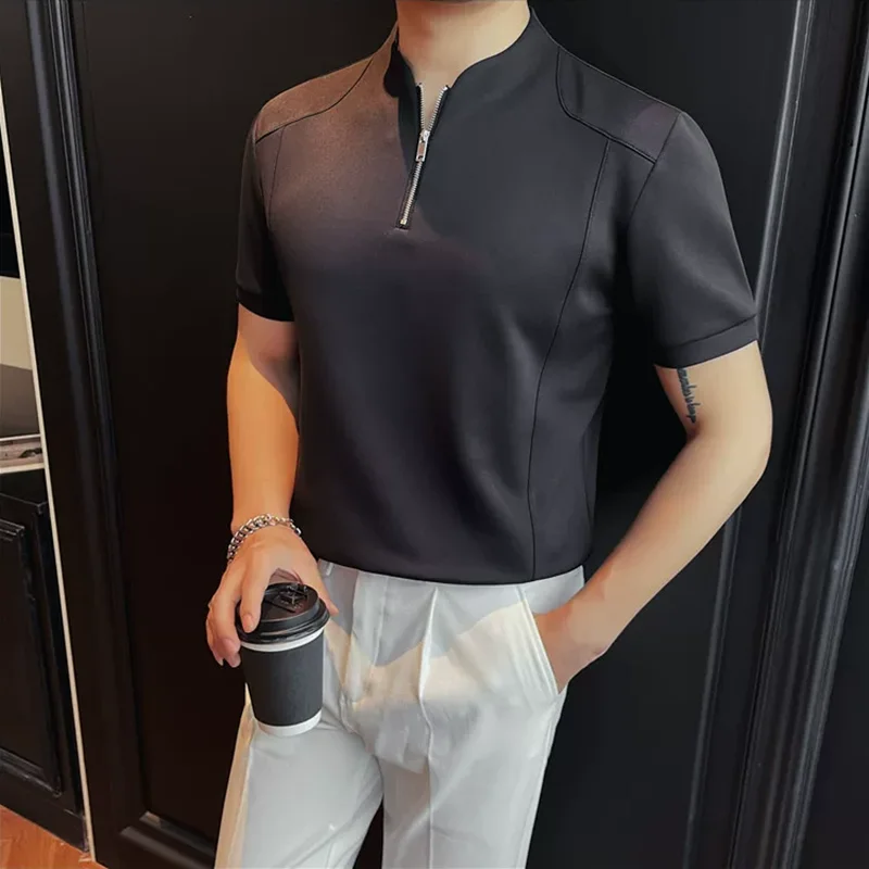 Summer Chinese Style Stand Up Collar Half Zip Polo Shirts Men Fashion Slim Fit Solid Color Casual Short Sleeved Business T shirt