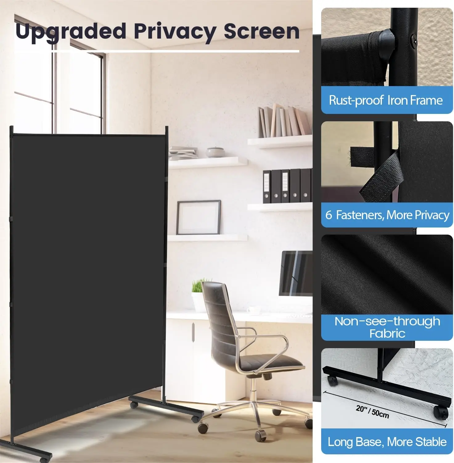 Large Single Panel Room Divider on Wheels, 71”W x 75”H Rolling Privacy Screen, Portable Wall Divider for Home Office P