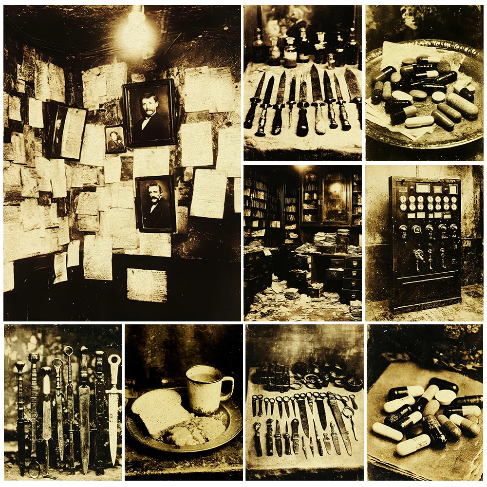 A Terrifying & Eerie Archive Room And Medical Equipment Gothic Wall Art Print,Haunted Asylum Creepy Art Poster Print Home Decor