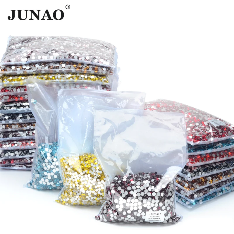 JUNAO Bulk Wholesale 100 Gross SS6 8 10 12 16 20 30 Black Flatback Crystal Rhinestones Nail Art Decoration Glue On Strass Stone