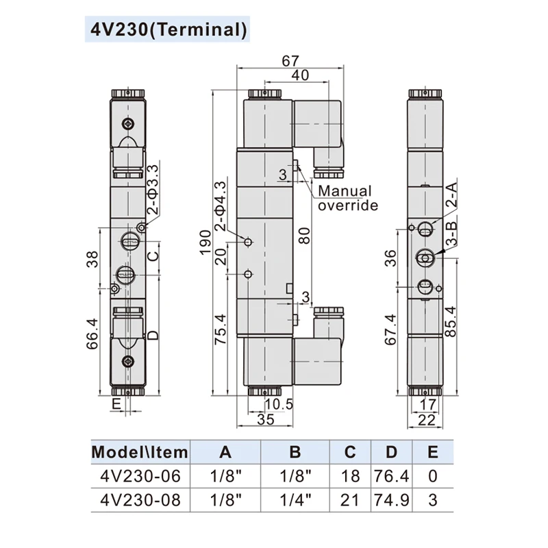 4V230C-08 Double headed Double control 5 Way 3 Position Power down hold Pneumatic directional Solenoid valve