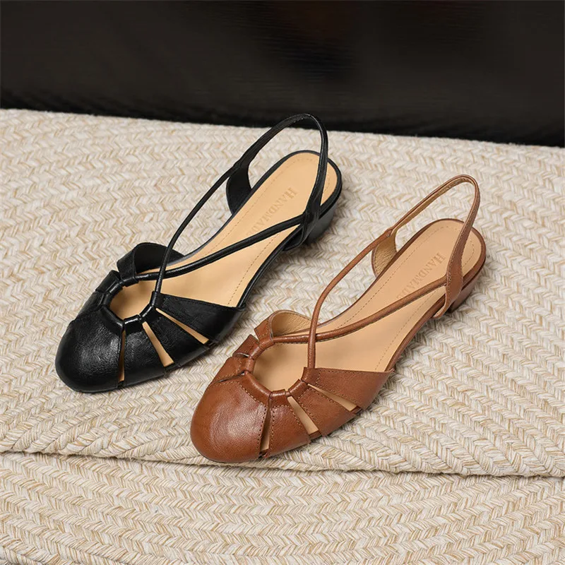 New Summer Sandals Women Shoes Round Toe Shoes for Women Fashion Hollowed-out Sandals Handmade Cover Toe Mid Heels Shoes Sandals