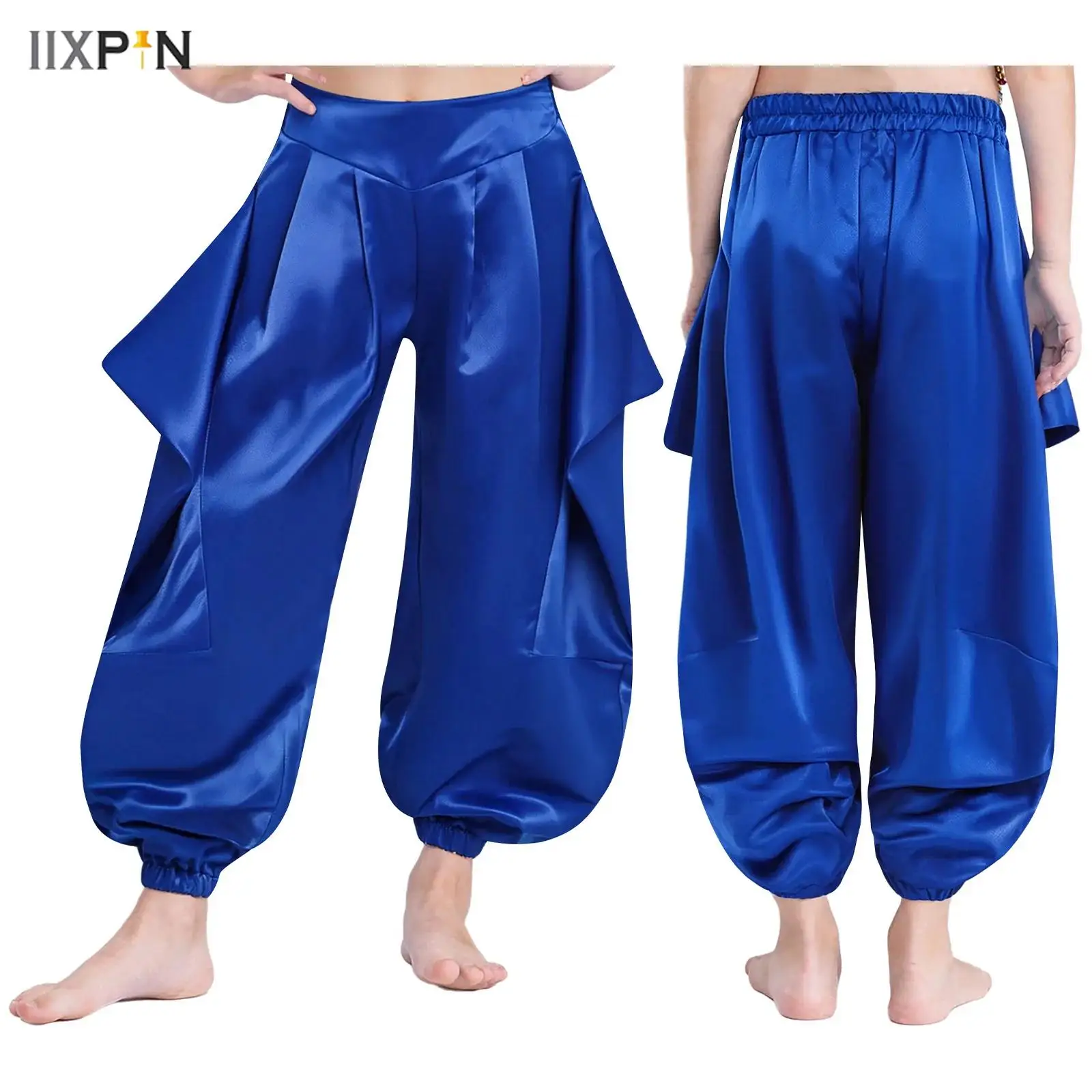 

Kids Girls Belly Dance Harem Pants Solid Color Loose Ruffled Half Elastic Waist Pants for Indian Dancing Practice Performance