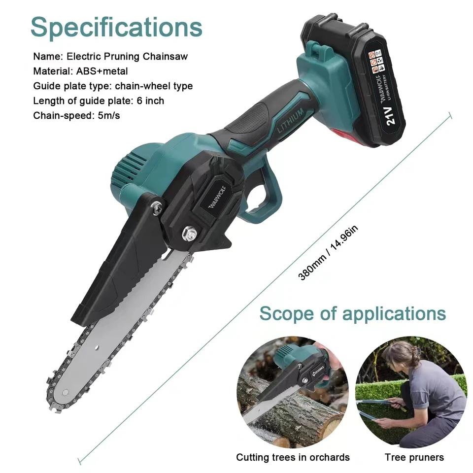 6 Inch Handheld Electric Saw Rechargeable Chainsaw Mini Pruning Saw Cordless Chain Saw Garden Woodworking Power Tool