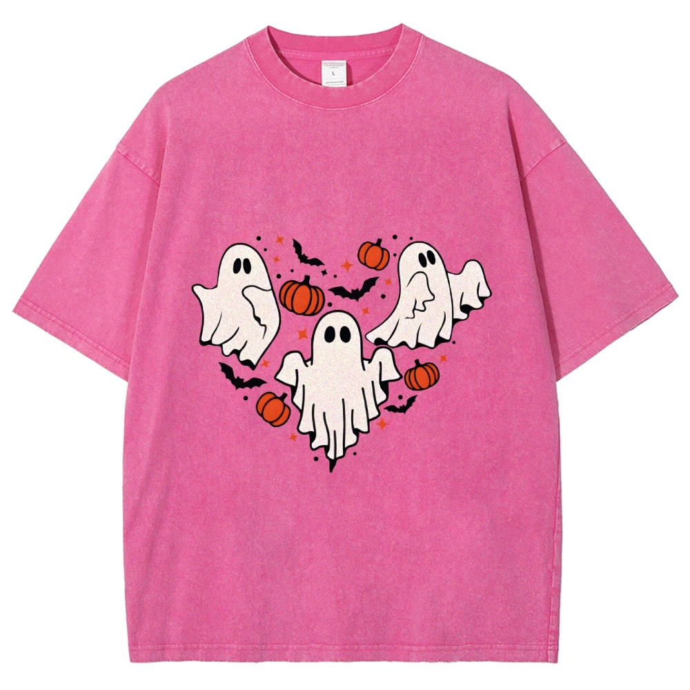 Graphic T-Shirt Ghosts Pumpkins Heart Y2k Print T-Shirt Festive Halloween Washed Cotton Casual Wear Trendy Design Fun Vibe Tee