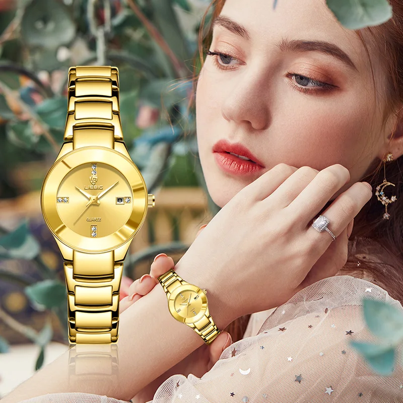 LIEBIG Fashion Golden Luminous Dispaly Quartz Watches Girl Luxury Full Steel Strap Waterproof Wristwatch Woman Clock Reloj Hombr