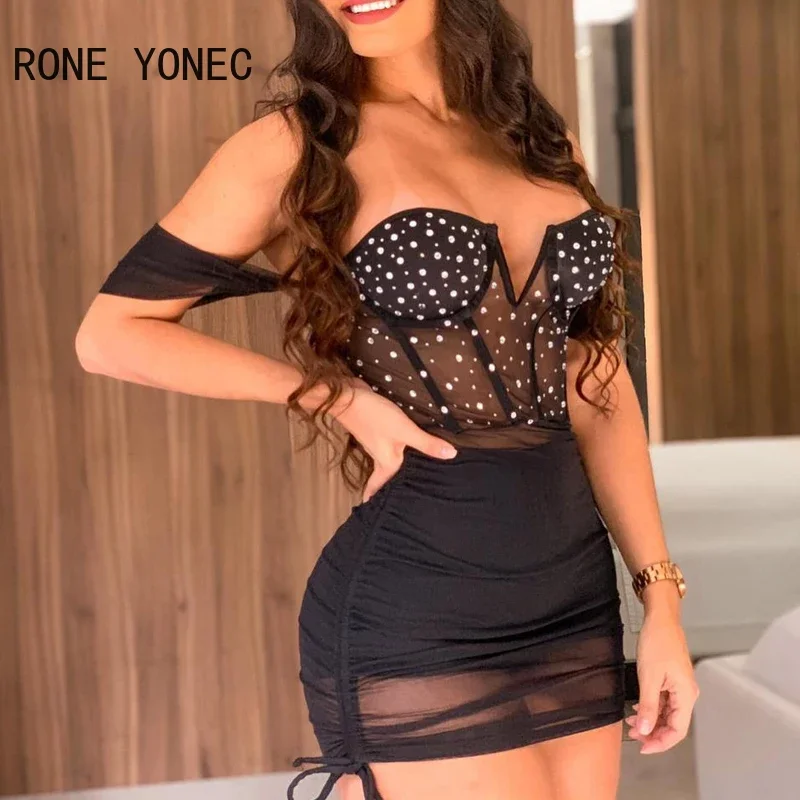 Women Solid Sexy Off Shoulder Rhinestone Mesh Patchwork Bodycon Mini Sexy Party Dresses Set