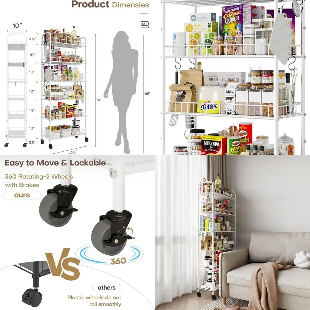 

10 Wide 6-Tier Metal Rolling Storage Cart with Wheels for Home and Office Organization