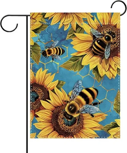Decorative Bee Sunflower Garden Flag, Artistic Honeycomb Outdoor Yard Banner YYZ