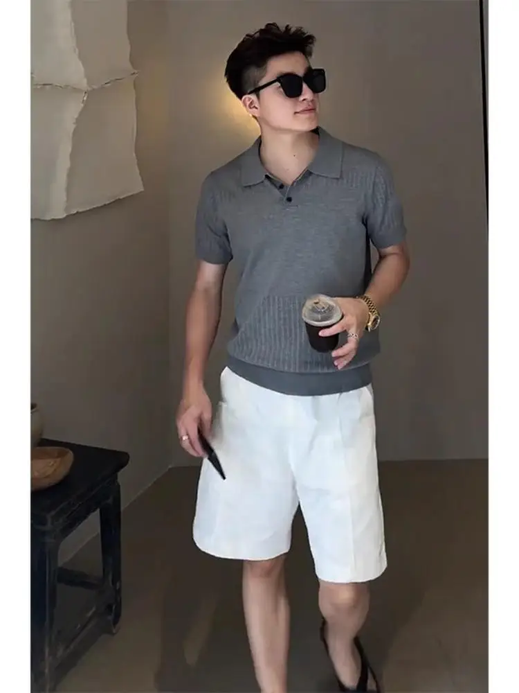 

Lightweight Knitted irt Men's ort Sve Turn-down Collar f Sve T-irt Faionable Summer Apparel for Teens