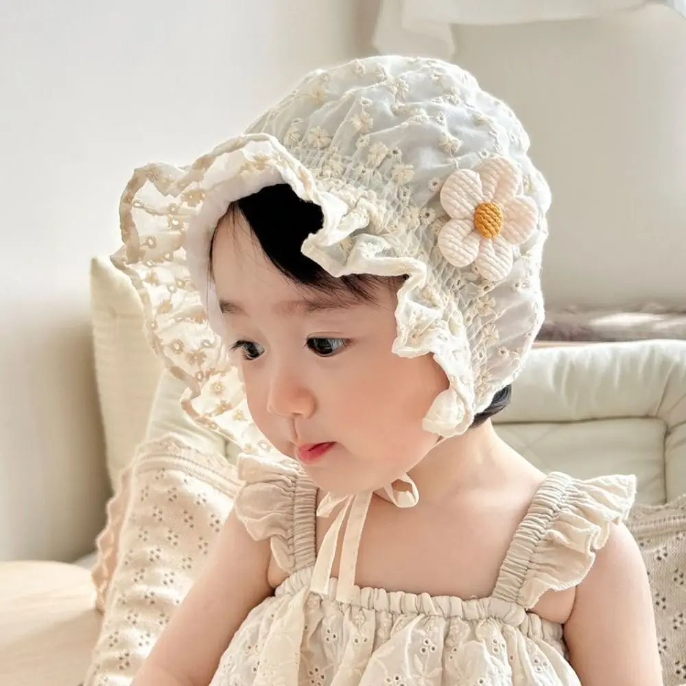 الوليد الدانتيل الطفل الجنين قبعة كشكش زهرة بونيه قبعة لينة تنفس قبعة الشمس 3-12 شهرا #2