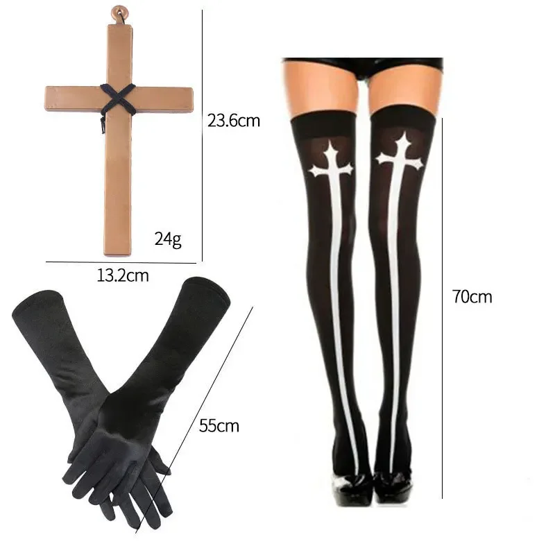 Halloween Nun Cosplay Costume Accessory Set with Catholic Nuns Costumes Hat Pendant Necklace Print Thigh High Socks Nun Collar